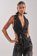 SPACE AND TIME STUDDED DENIM VEST