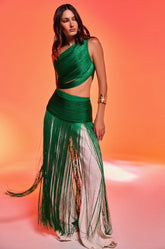 GINA SINGLE SHOULDER FRINGE TOP IN KELLY GREEN