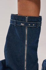 AKIRA GOLD ANGELA FOLD OVER PLATFORM BOOT IN DARK DENIM