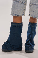 AKIRA GOLD ANGELA FOLD OVER PLATFORM BOOT IN DARK DENIM