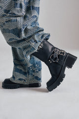 AZALEA WANG BUCKED BLACK CHUNKY HEEL COMBAT BOOTIE