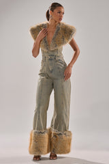 TALK THAT TALK DENIM FUR JUMPSUIT IN VINTAGE BLUE