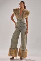TALK THAT TALK DENIM FUR JUMPSUIT IN VINTAGE BLUE