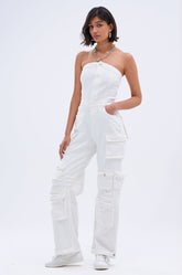 LINDSAY DENIM CARGO JUMPSUIT IN WHITE