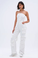 LINDSAY DENIM CARGO JUMPSUIT IN WHITE