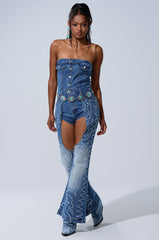THROW DOWN DENIM JUMPSUIT WITH CHAPS