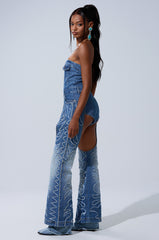 THROW DOWN DENIM JUMPSUIT WITH CHAPS