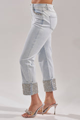 HANNI RHINESTONE DENIM CROPPED PANT