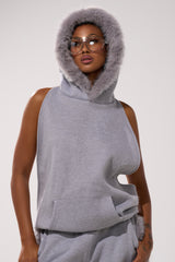 LUXE FUR OPEN-BACK SWEATSHIRT IN GREY