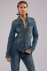 GLAMOUR STUDDED BUTTON DOWN DENIM TOP