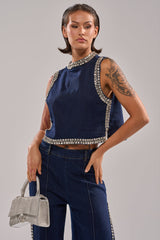 POPPIN OUT RHINESTONE DENIM BLOUSE IN DARK WASH DENIM