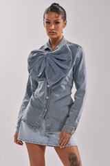 TWO-TONE BOW DENIM BUTTON DOWN SHIRT