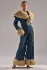 LENNOX DENIM JUMPSUIT WITH FUR ACCENTS