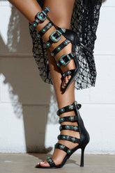 AZALEA WANG MACAW BLACK EMBELLISHED GLADIATOR STILETTO SANDAL