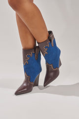 AZALEA WANG TALLULAH DENIM WEDGE WESTERN BOOTIE