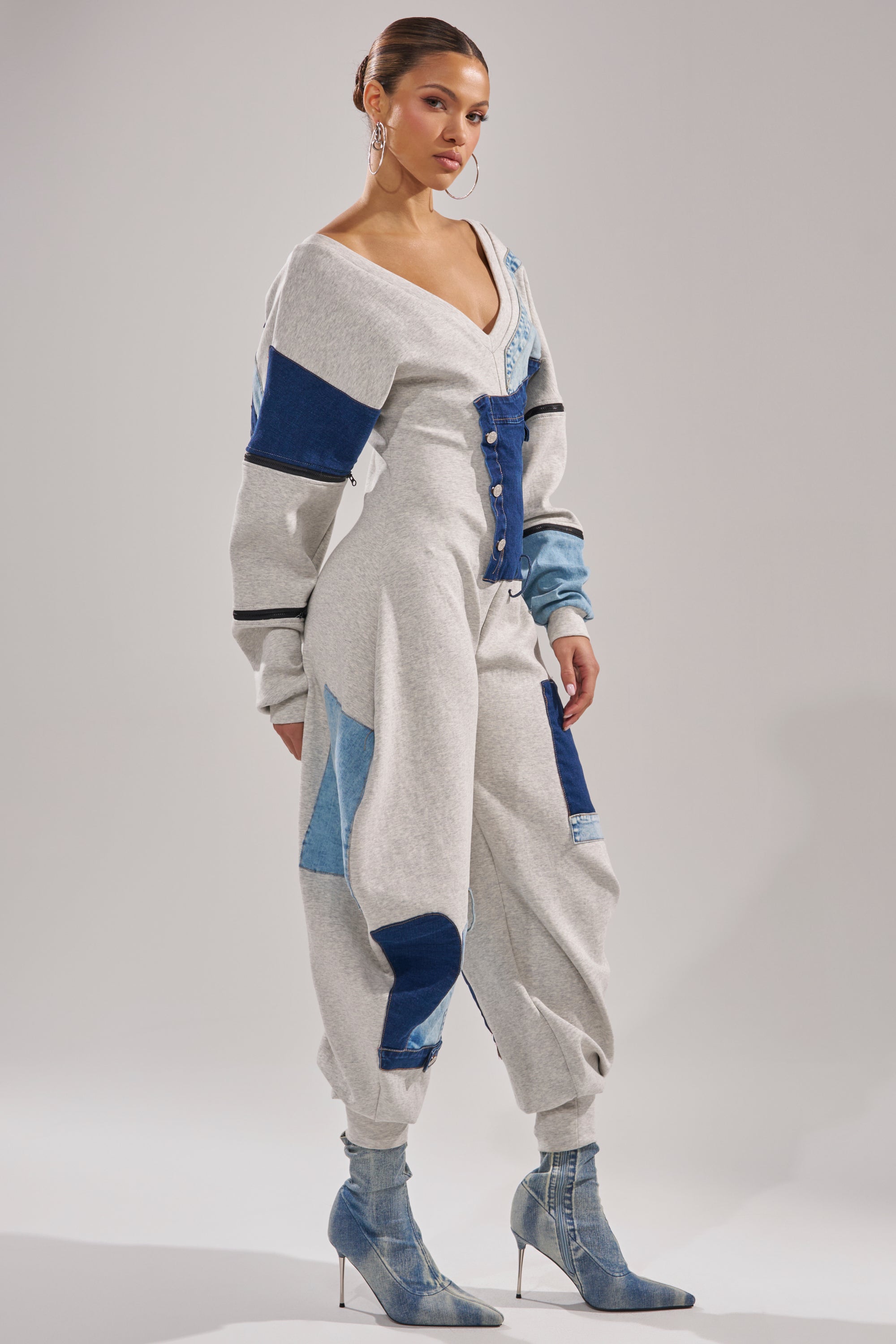 COMFY COZY SWEATSHIRT JUMPSUIT IN PATCHWORK DENIM