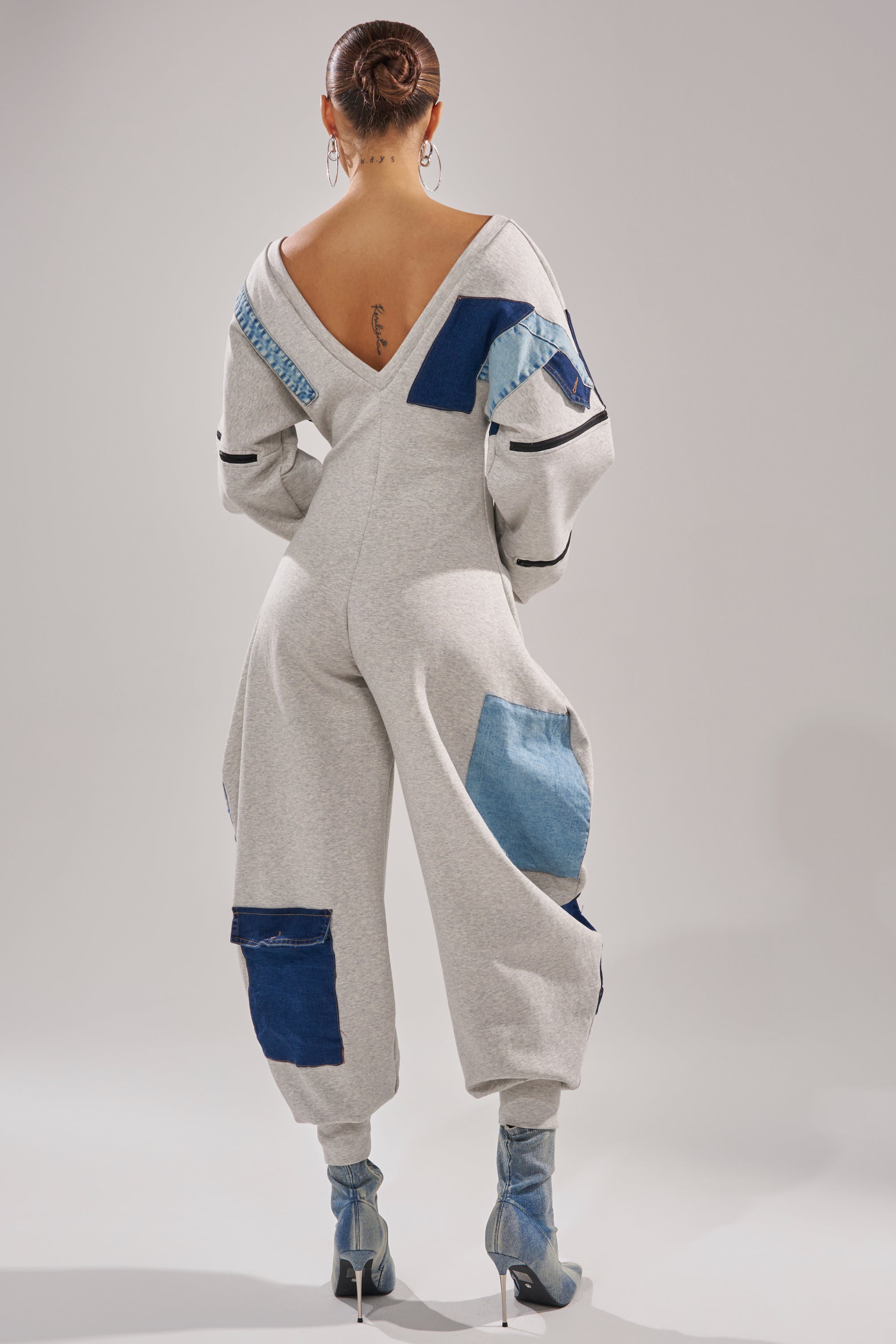 COMFY COZY SWEATSHIRT JUMPSUIT IN PATCHWORK DENIM