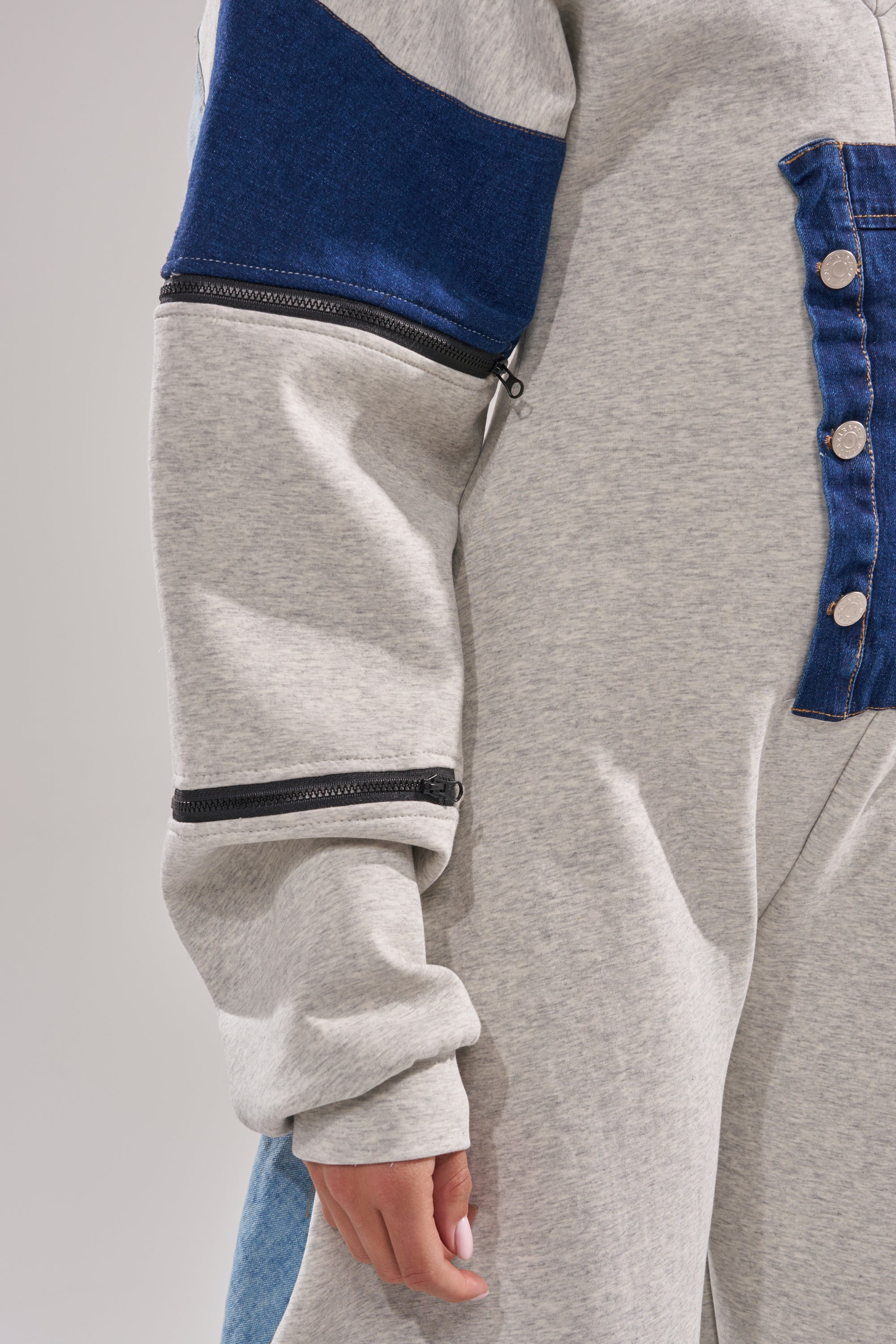 COMFY COZY SWEATSHIRT JUMPSUIT IN PATCHWORK DENIM