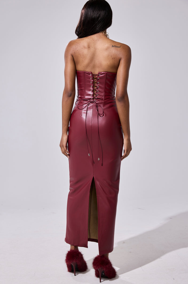 JULIETTE PU MIDI DRESS IN BURGUNDY