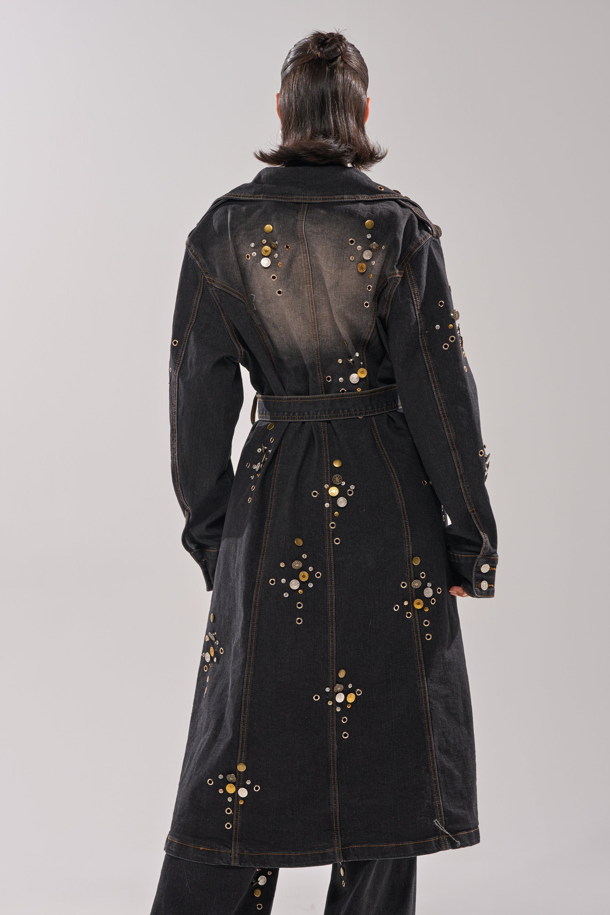 SPACE AND TIME STUDDED DENIM TRENCH