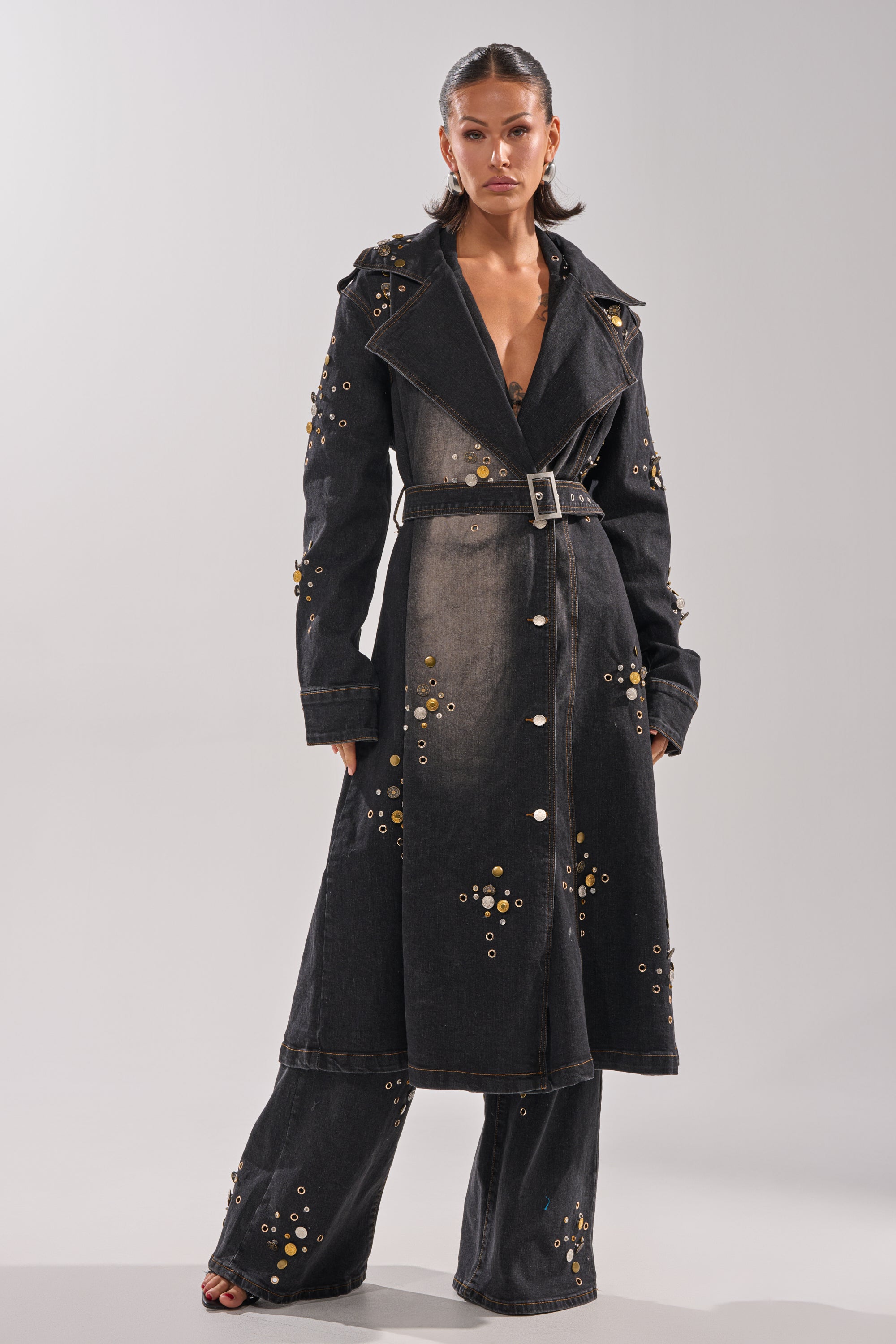 SPACE AND TIME STUDDED DENIM TRENCH
