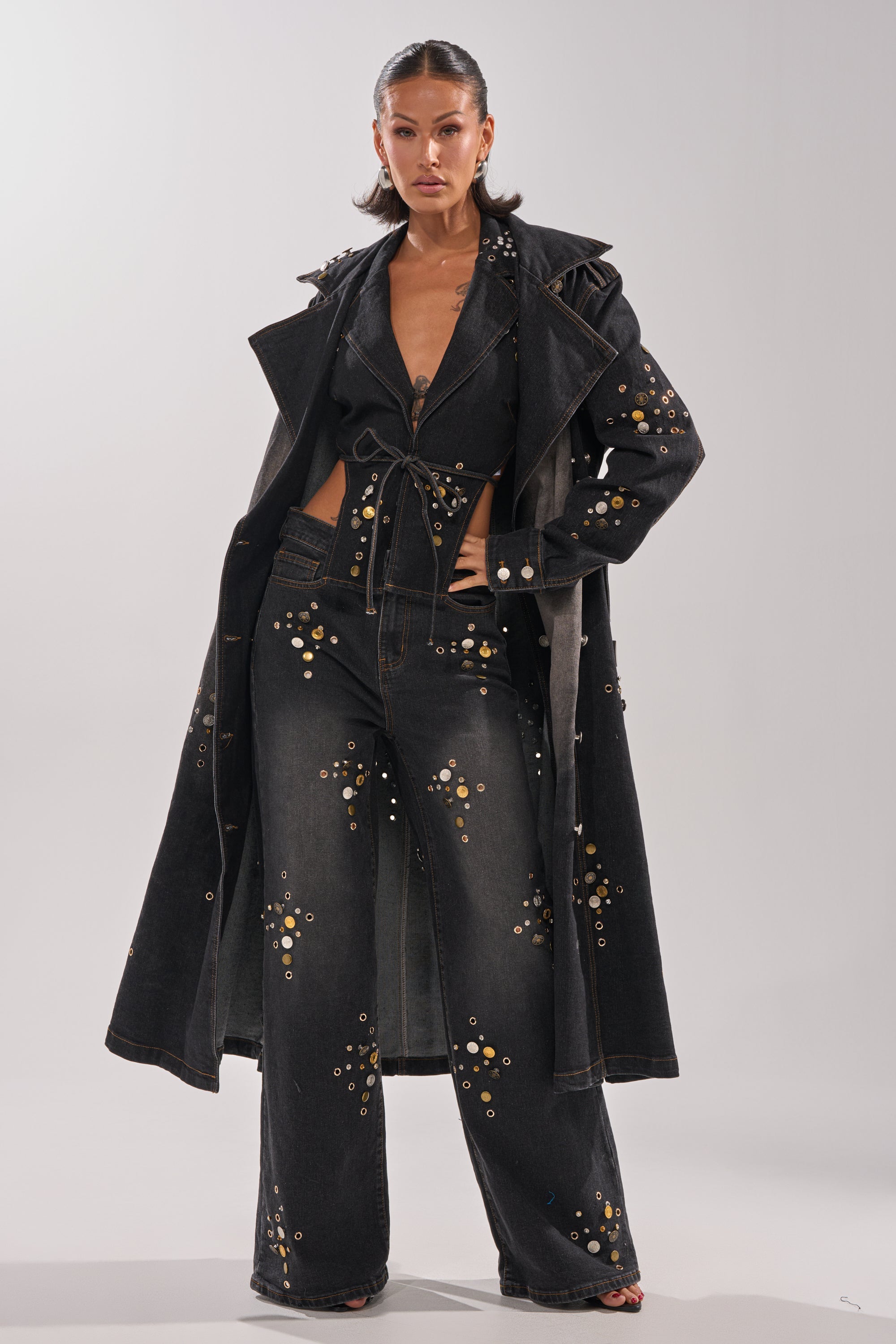 SPACE AND TIME STUDDED DENIM TRENCH