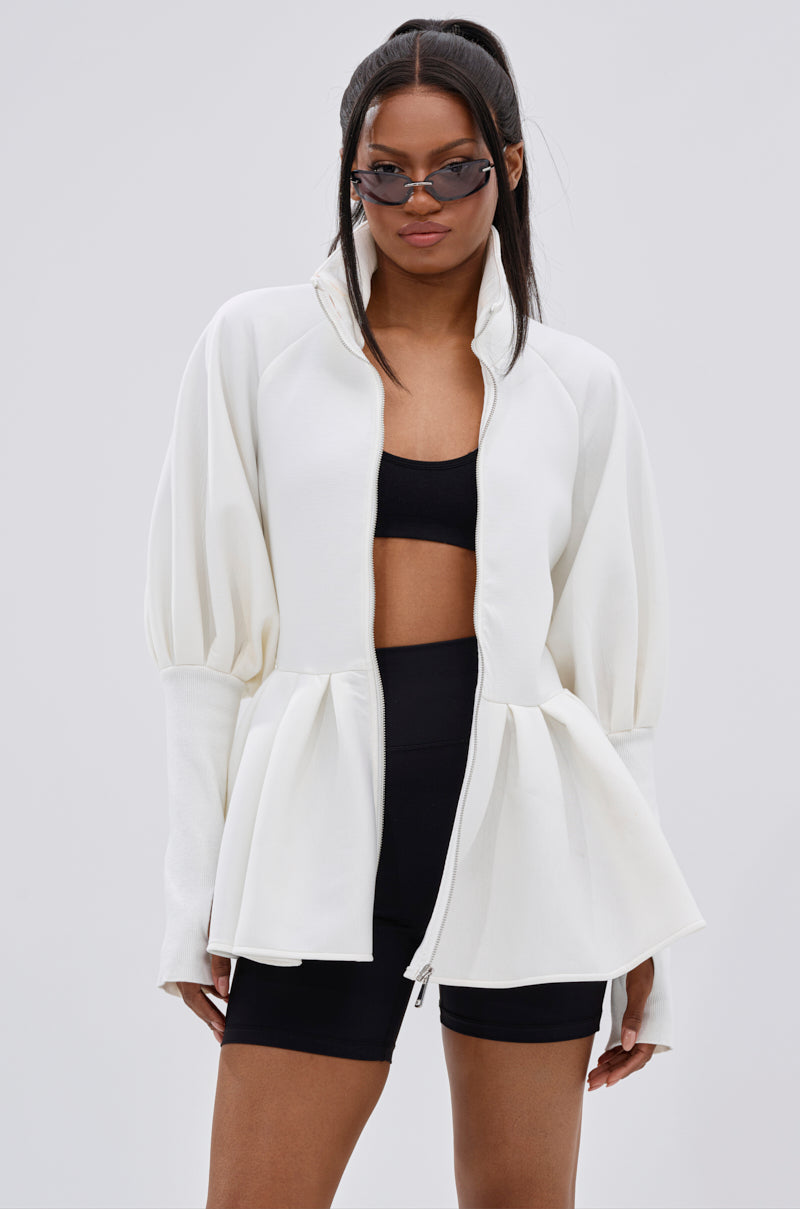 TWIN FLAME PEPLUM BOMBER IN WHITE