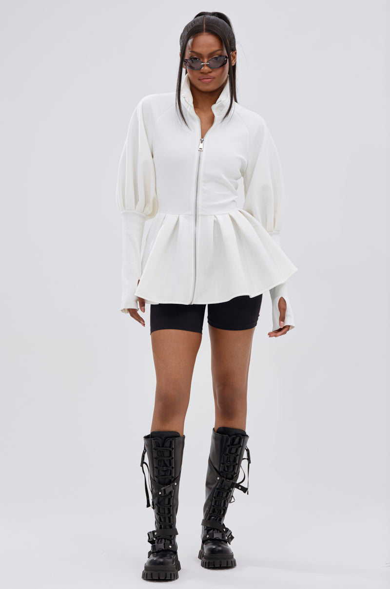 TWIN FLAME PEPLUM BOMBER IN WHITE