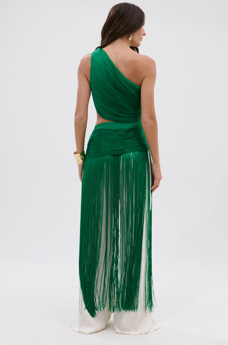 GINA SINGLE SHOULDER FRINGE TOP IN KELLY GREEN