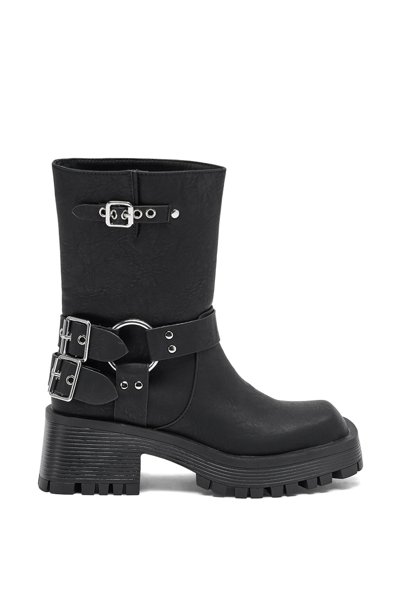 AZALEA WANG BUCKED BLACK CHUNKY HEEL COMBAT BOOTIE