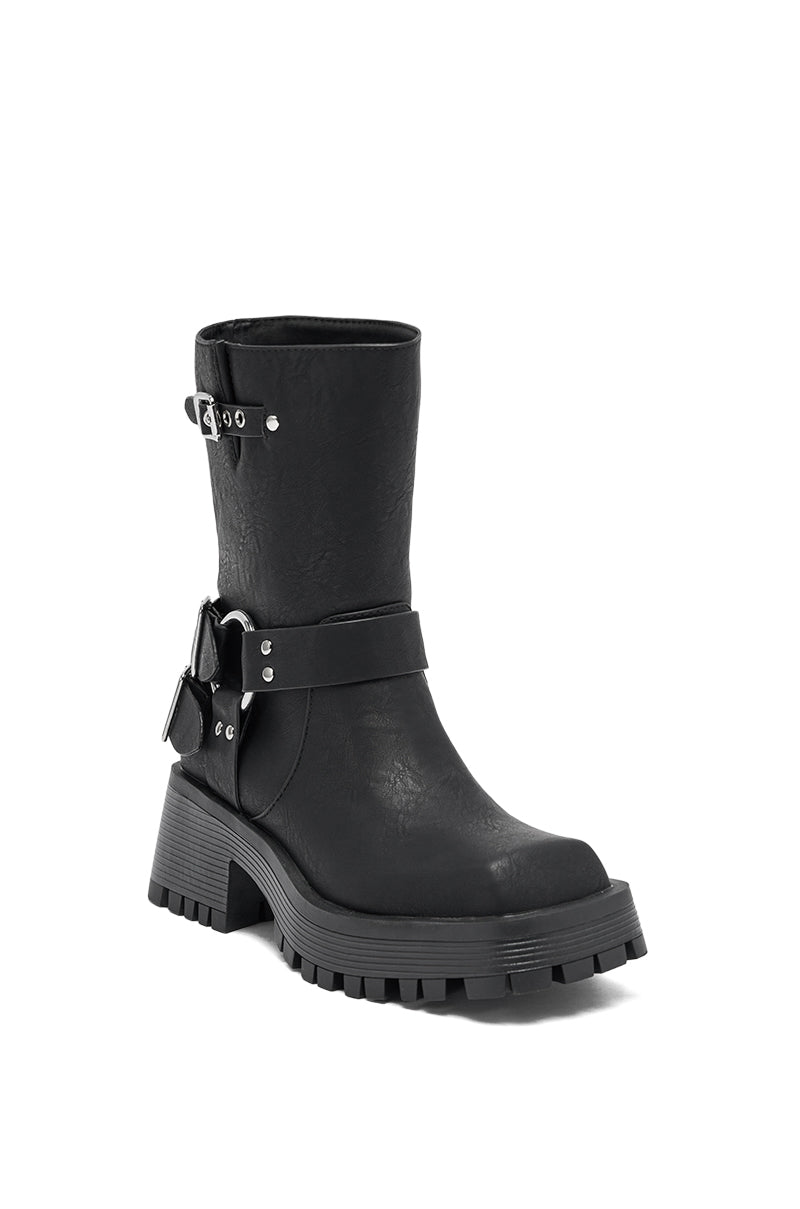 AZALEA WANG BUCKED BLACK CHUNKY HEEL COMBAT BOOTIE