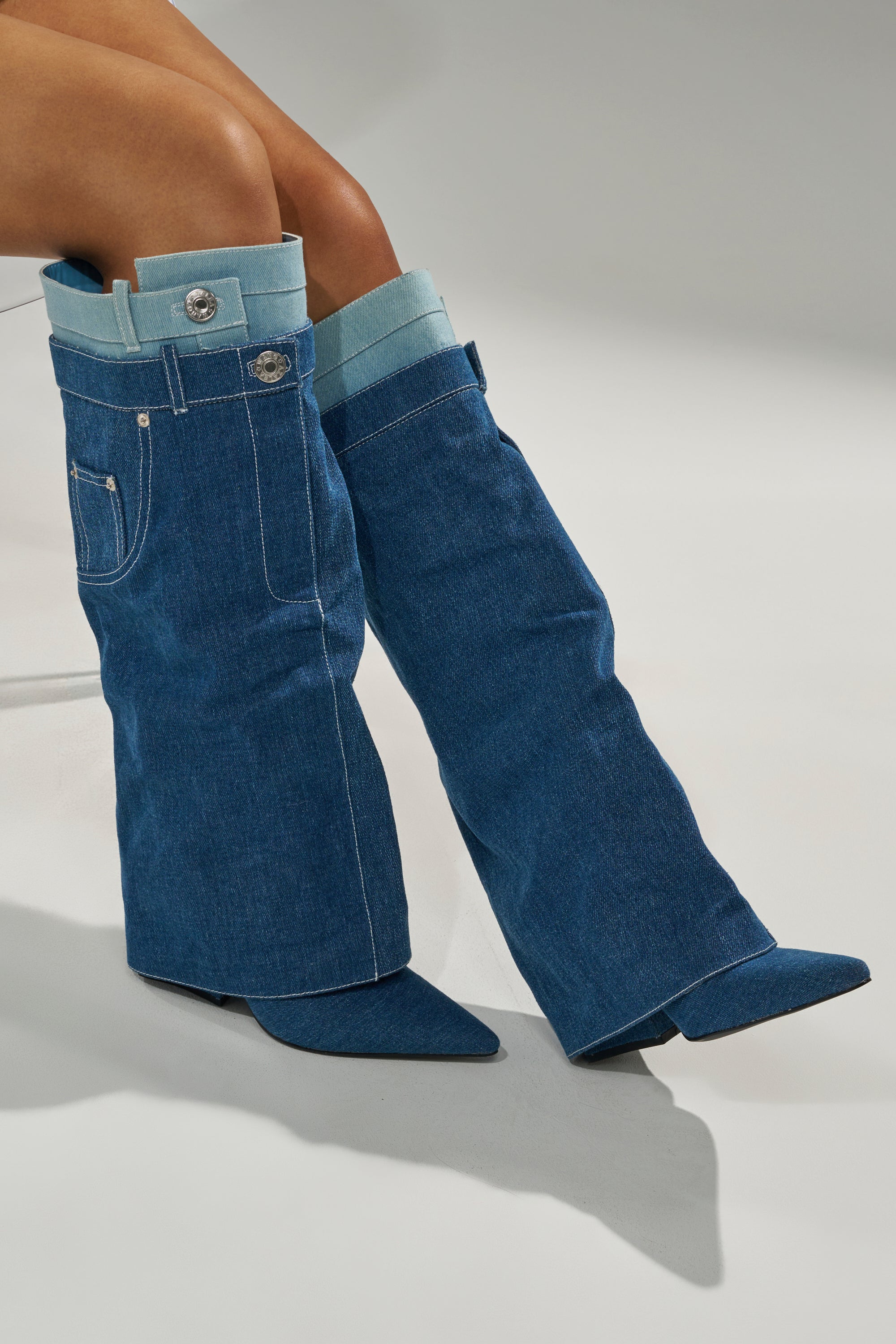 AZALEA WANG DOUBLE FLY DENIM CHUNKY BOOT