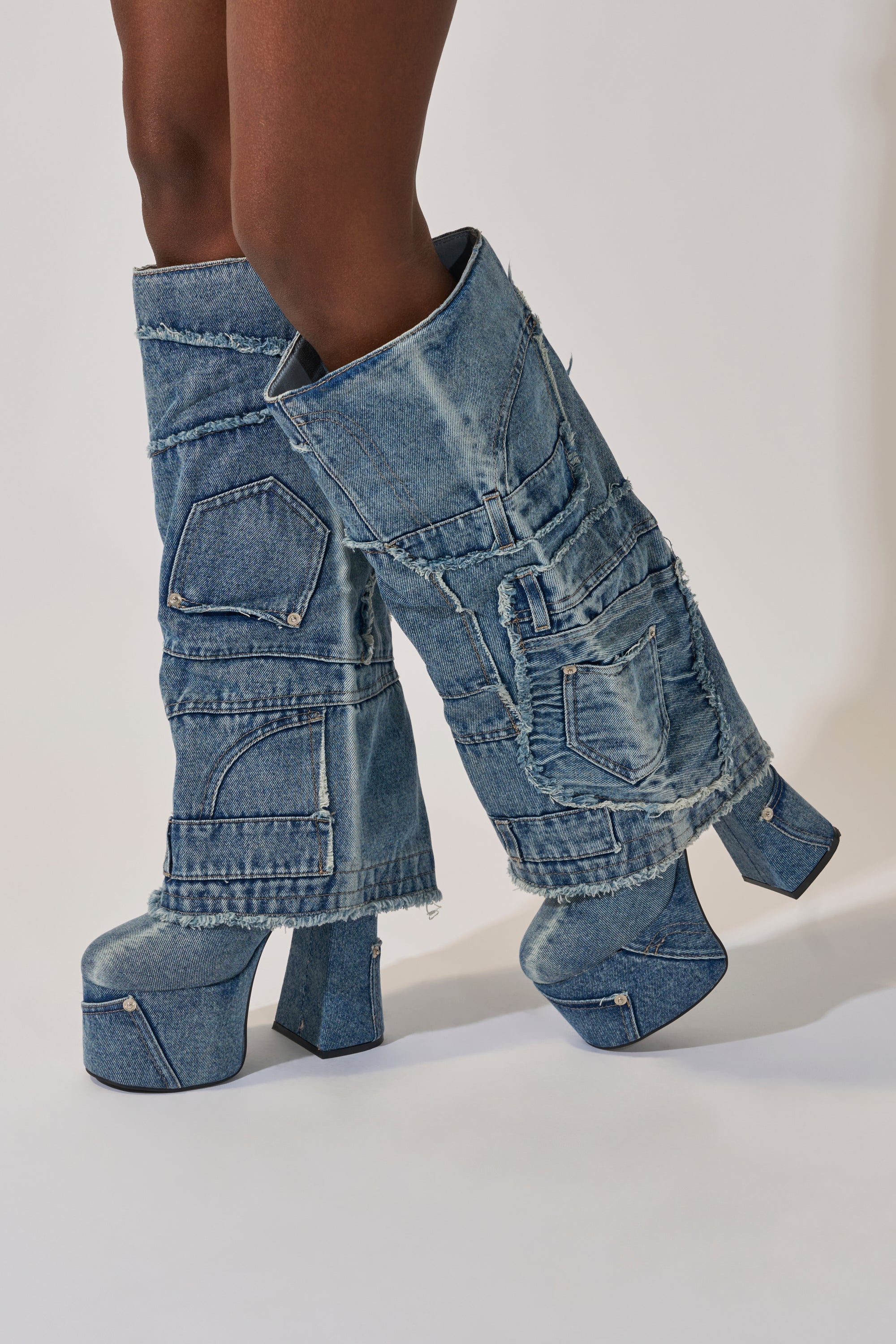 AZALEA WANG DUMI DENIM CHUNKY PATCHWORK BOOT