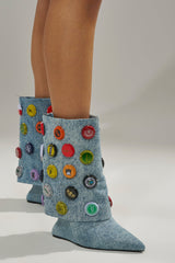AZALEA WANG EAVEN WEDGE EMBELLISHED DENIM BOOTIE