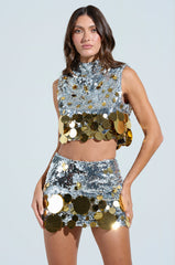 GROOVY NIGHTS SLEEVELESS SEQUIN MOCK NECK TOP
