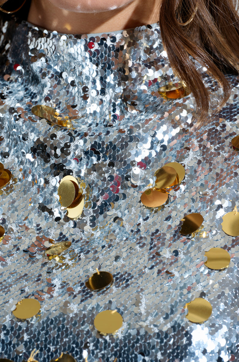 GROOVY NIGHTS SLEEVELESS SEQUIN MOCK NECK TOP