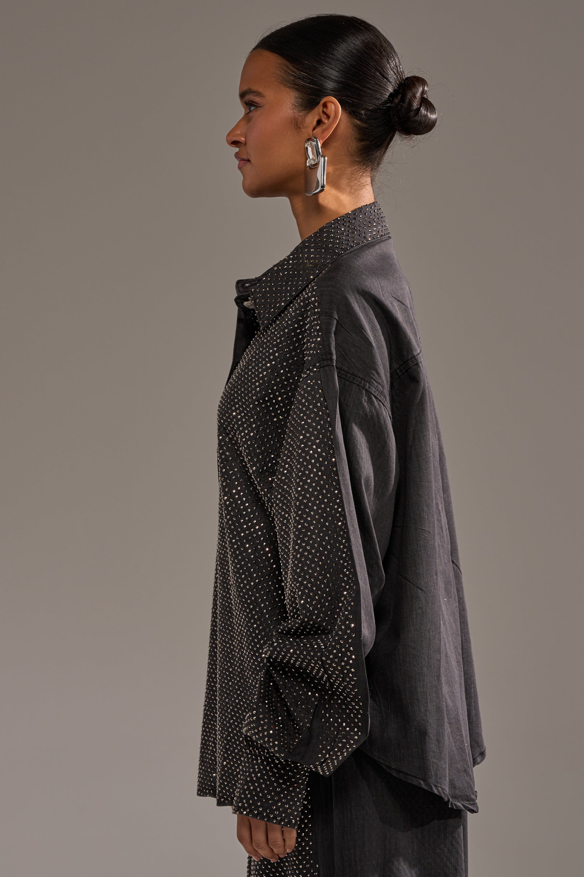 BLING BLING DENIM BUTTON DOWN TOP IN BLACK