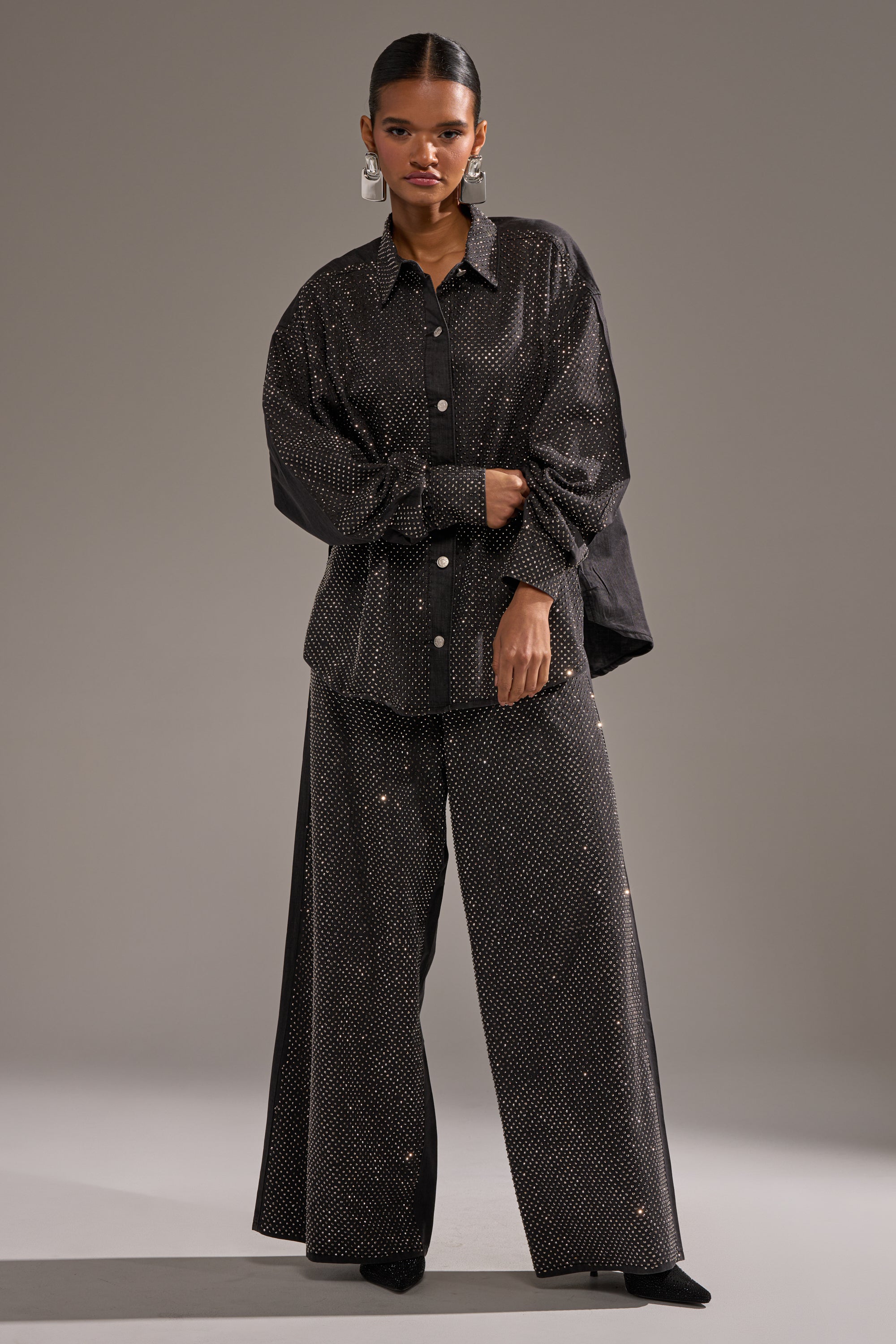 BLING BLING DENIM BUTTON DOWN TOP IN BLACK