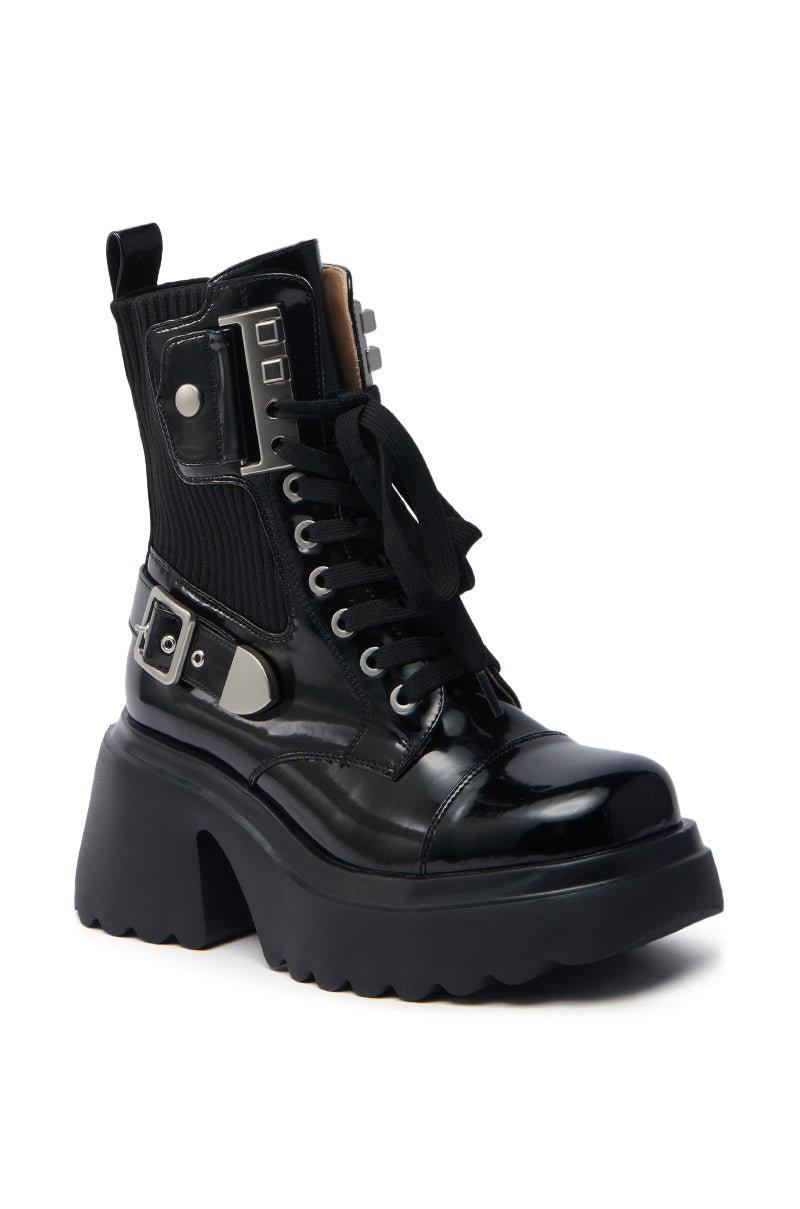 AZALEA WANG GRAY BLACK WITH METAL PLATFORM BOOTIE