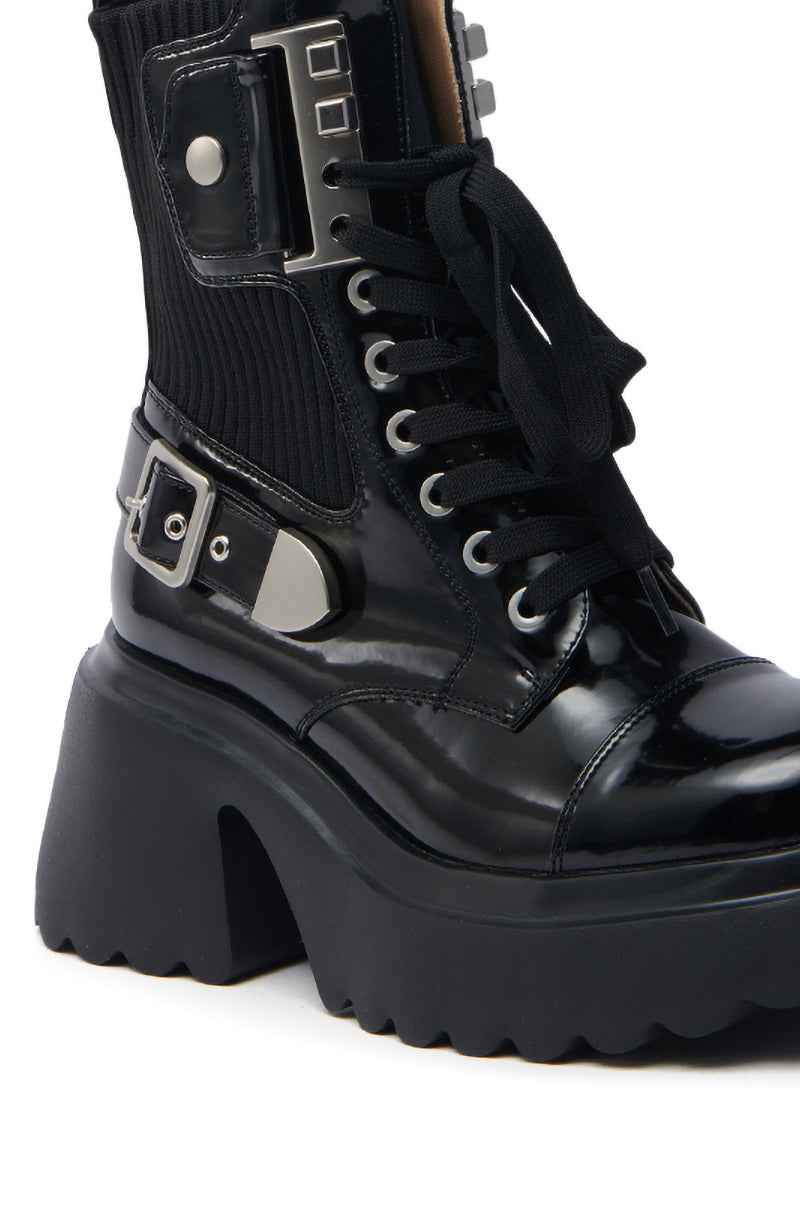 AZALEA WANG GRAY BLACK WITH METAL PLATFORM BOOTIE