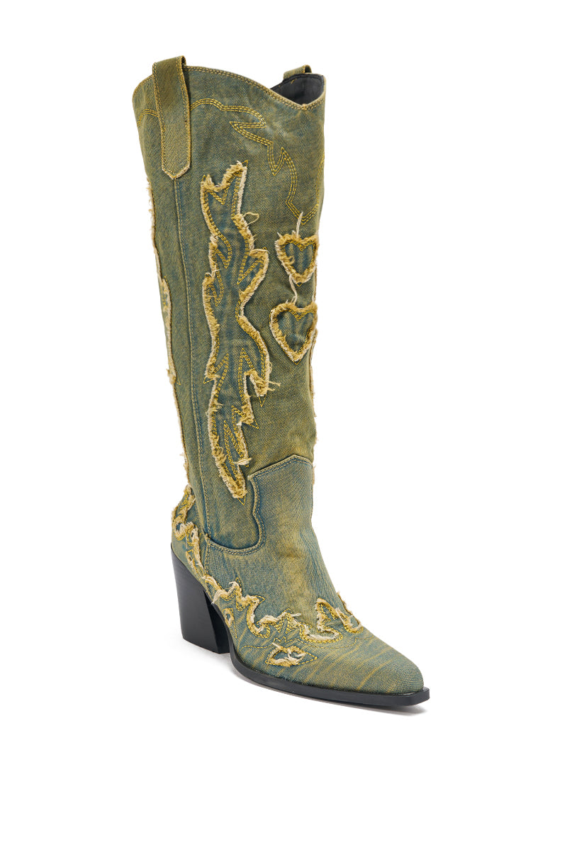 AZALEA WANG HEINRICH DENIM WESTERN LOW HEEL BOOT