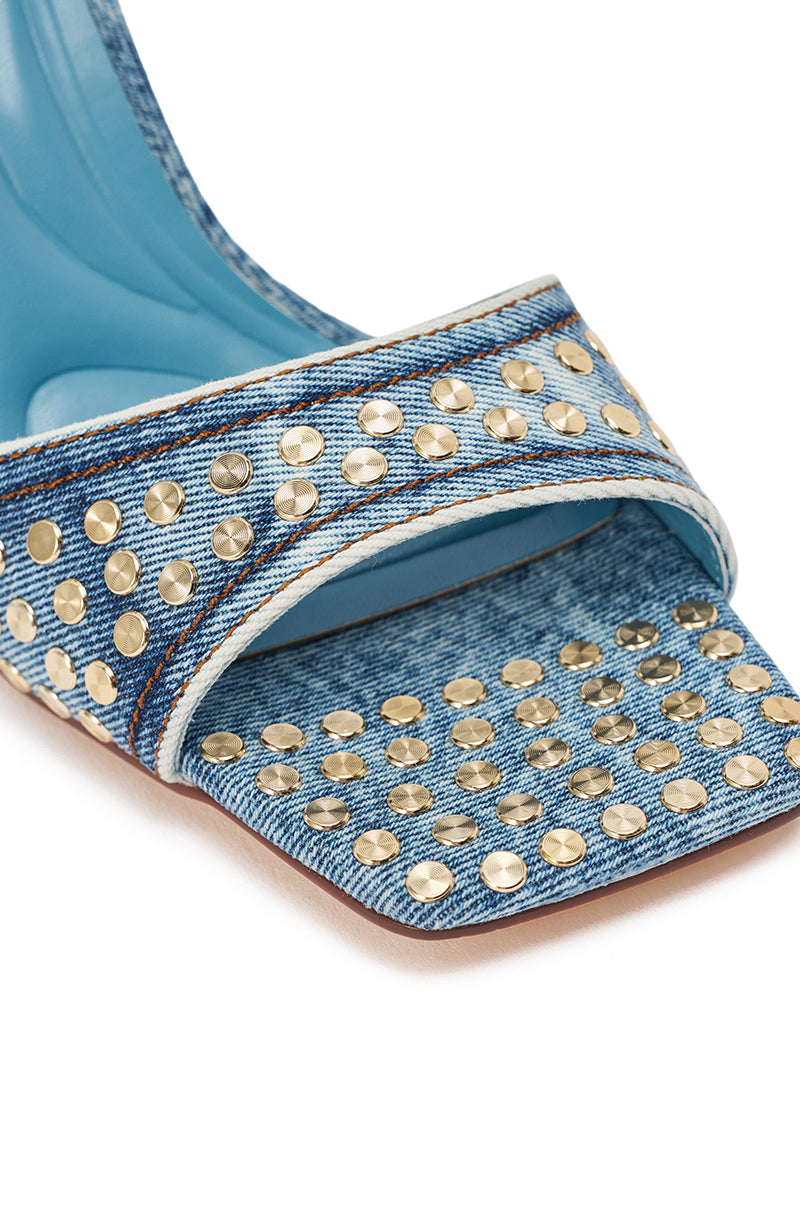AKIRA GOLD INANA DENIM STUD EMBELLISHED STILETTO SANDAL