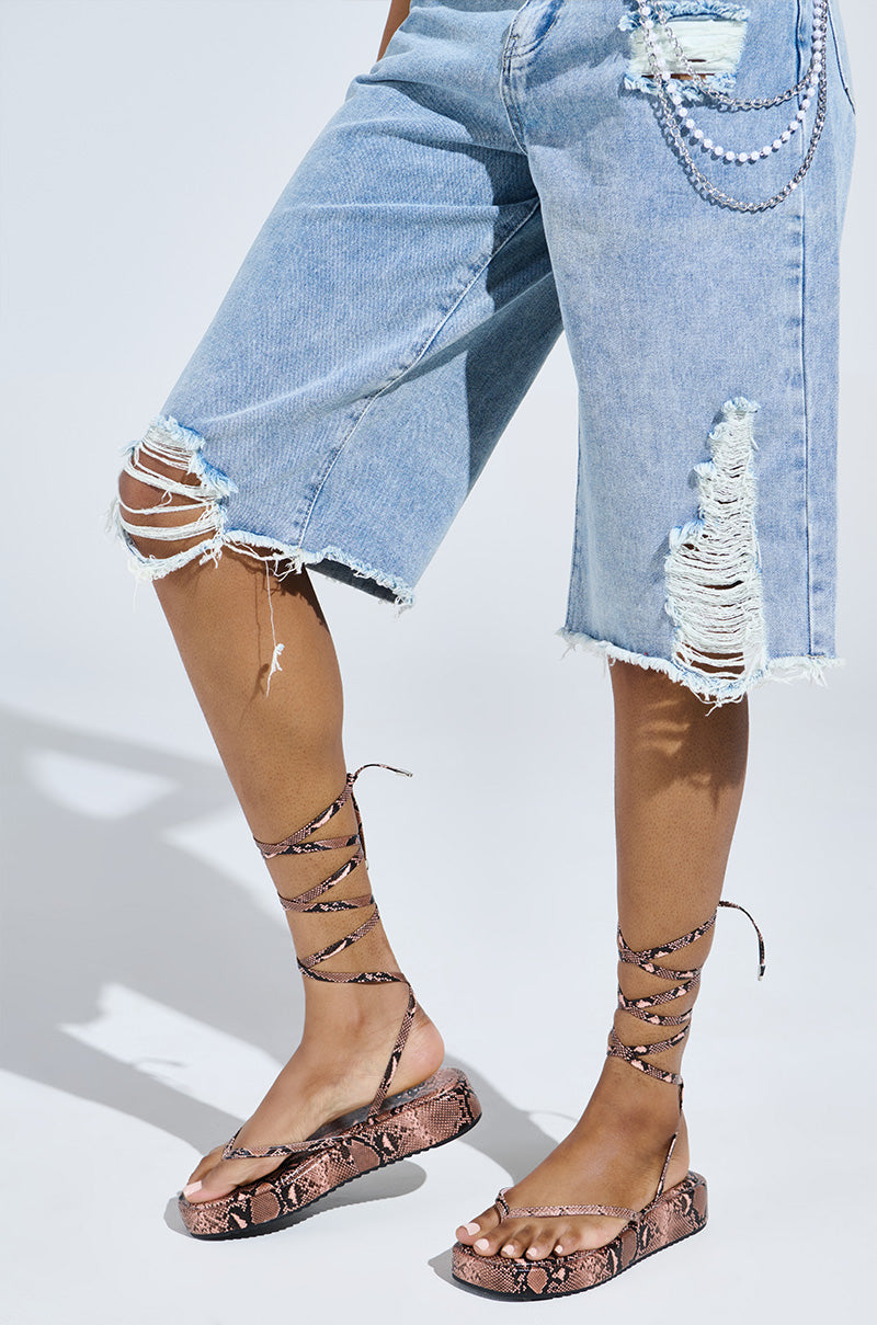 AKIRA IRVINE BROWN SNAKE LACE UP FLAT SANDAL
