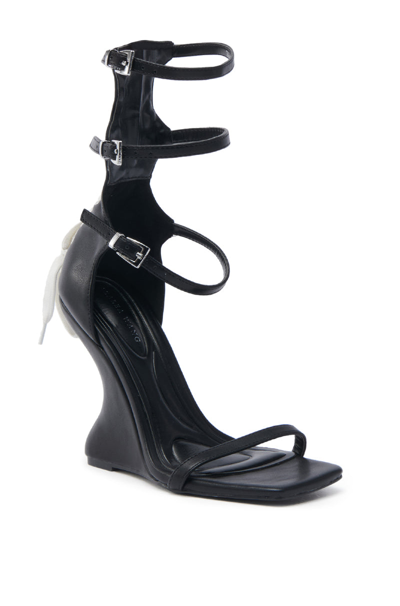 AZALEA WANG ISAAK BLACK WITH WHITE LACES WEDGE SANDAL
