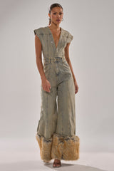 TALK THAT TALK DENIM FUR JUMPSUIT IN VINTAGE BLUE