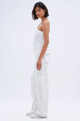 LINDSAY DENIM CARGO JUMPSUIT IN WHITE