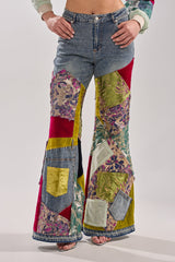 MIXED EMOTIONS BROCADE PATCHWORK FLARE DENIM