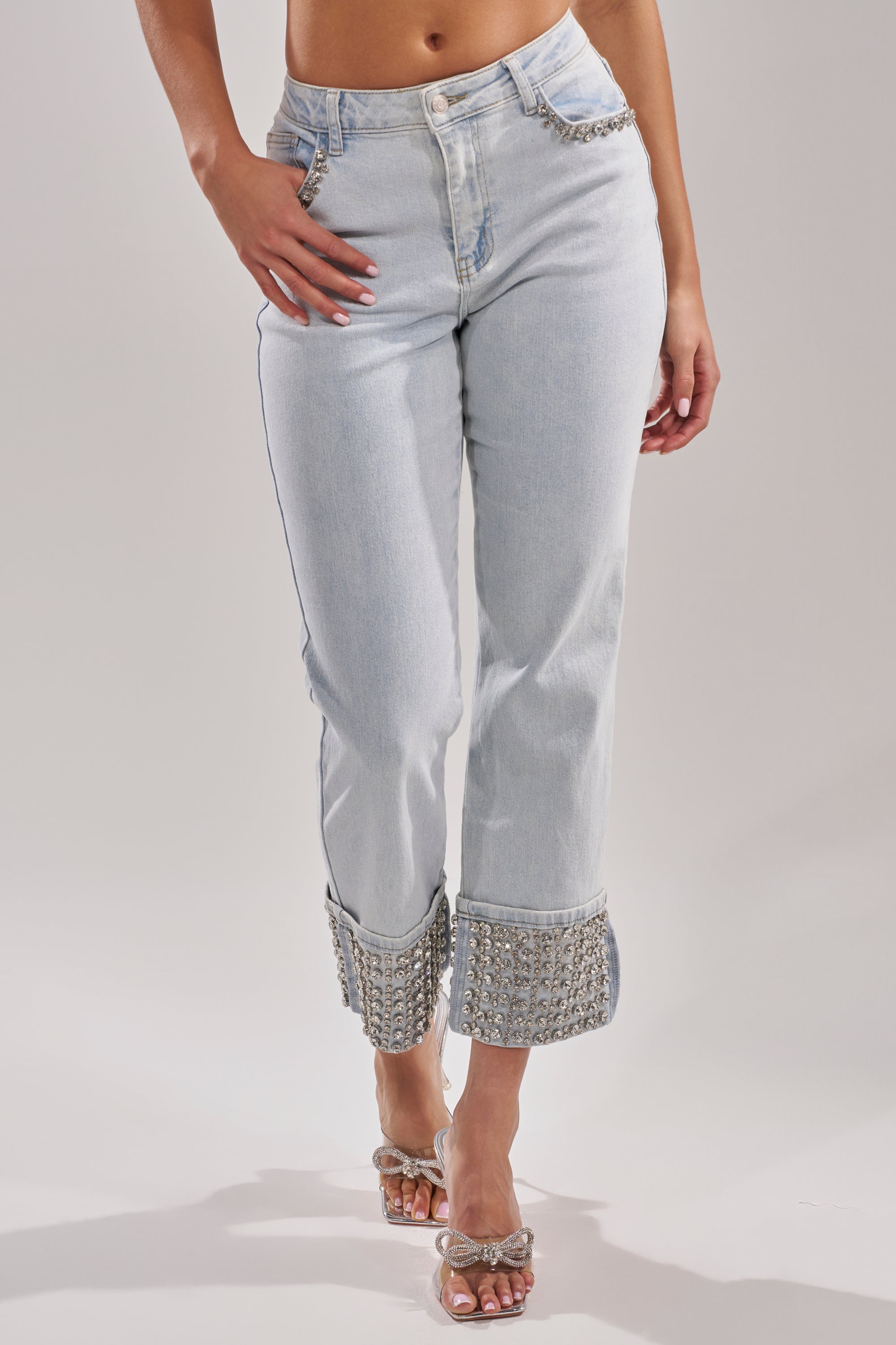 HANNI RHINESTONE DENIM CROPPED PANT