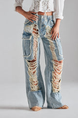 ALMA DISTRESSED DENIM CARGO PANTS
