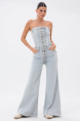 ALL IN THE DETAILS DENIM LACE UP JUMPSUIT
